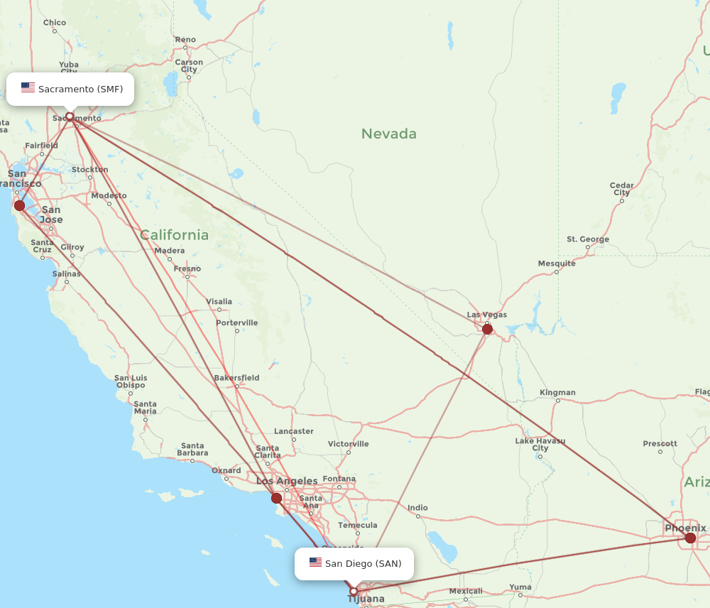 Sacramento - San Diego route map and flight paths