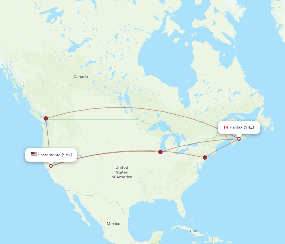 Halifax - Sacramento route map and flight paths