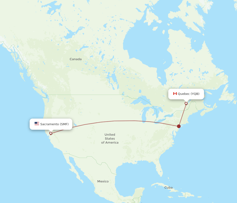 Quebec - Sacramento route map and flight paths