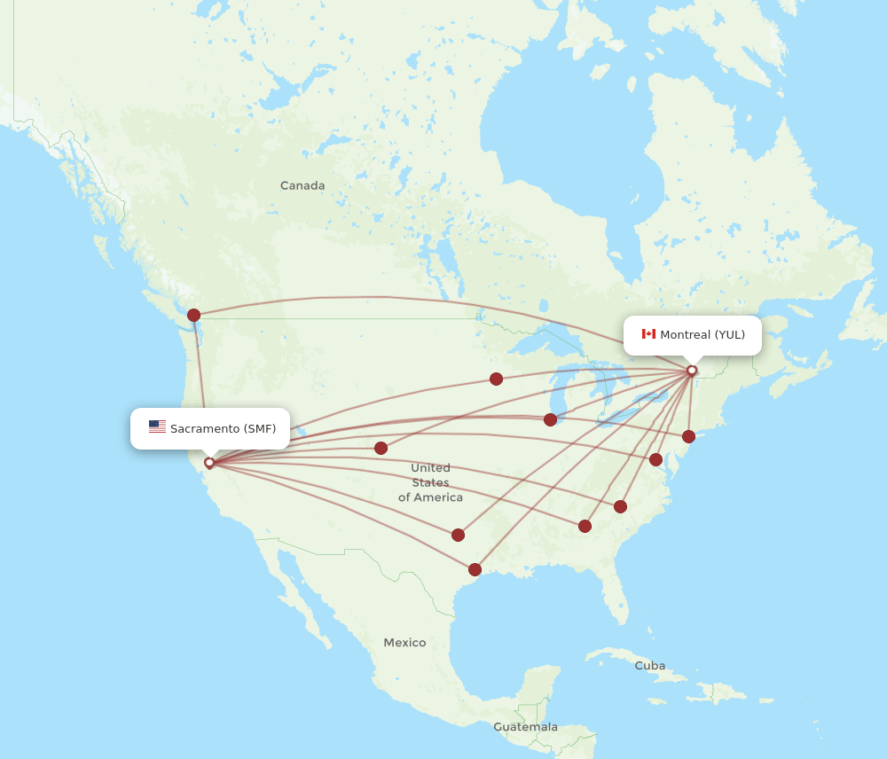 Montreal - Sacramento route map and flight paths
