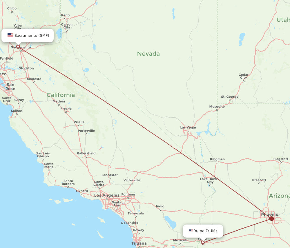 Yuma - Sacramento route map and flight paths