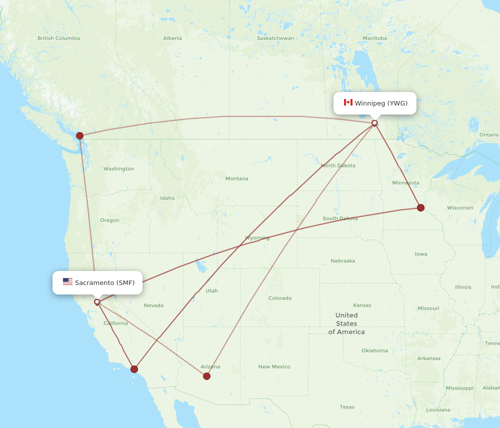 YWG to SMF flights and routes map