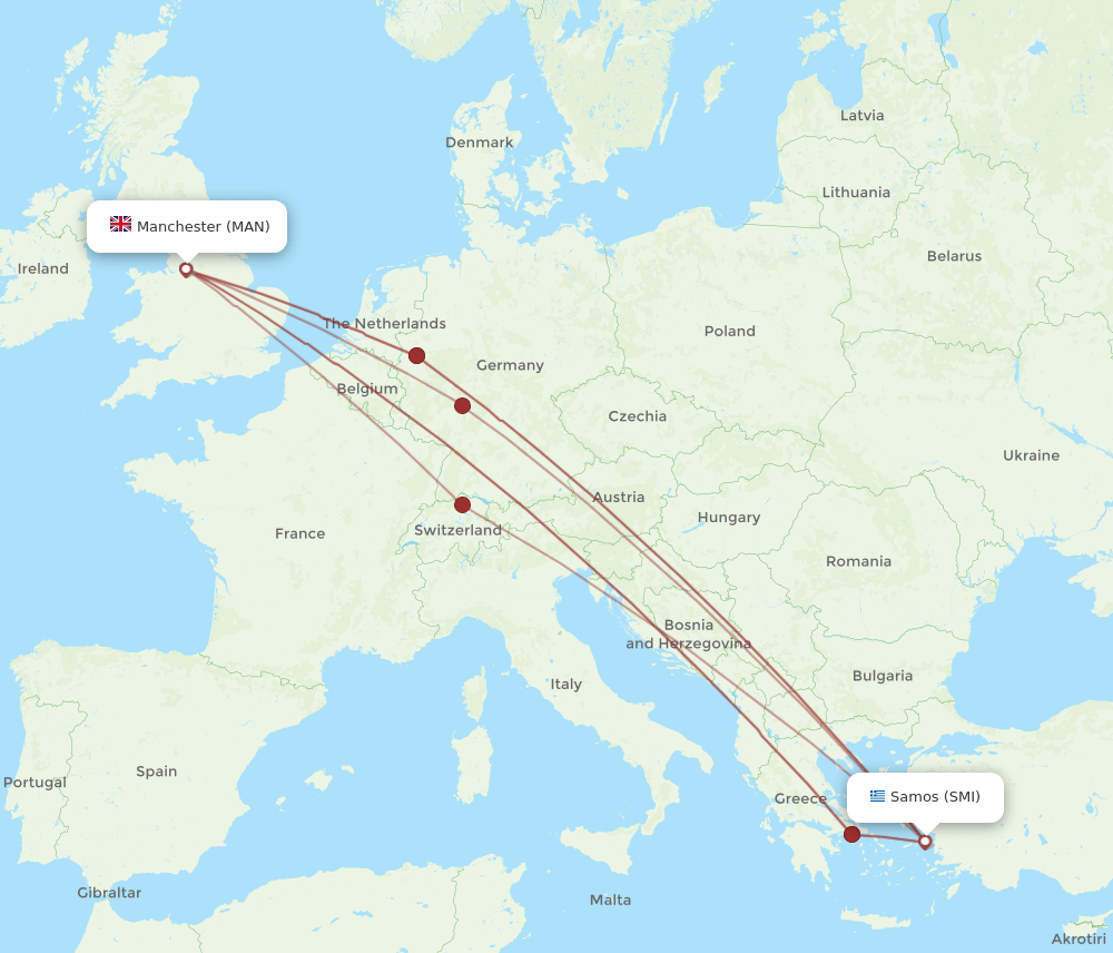 SMI to MAN flights and routes map