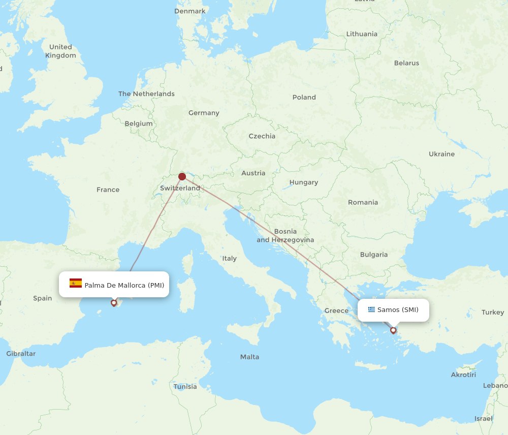 Palma de Mallorca - Samos route map and flight paths