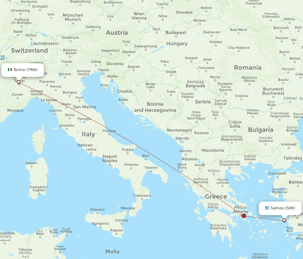 Turin - Samos route map and flight paths