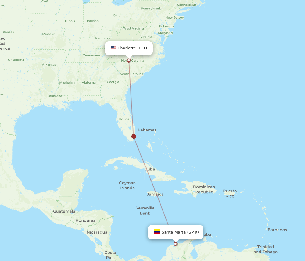 Charlotte - Santa Marta route map and flight paths