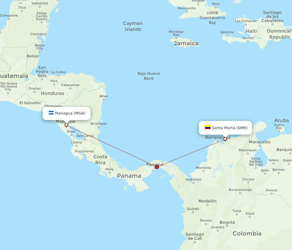 Managua - Santa Marta route map and flight paths