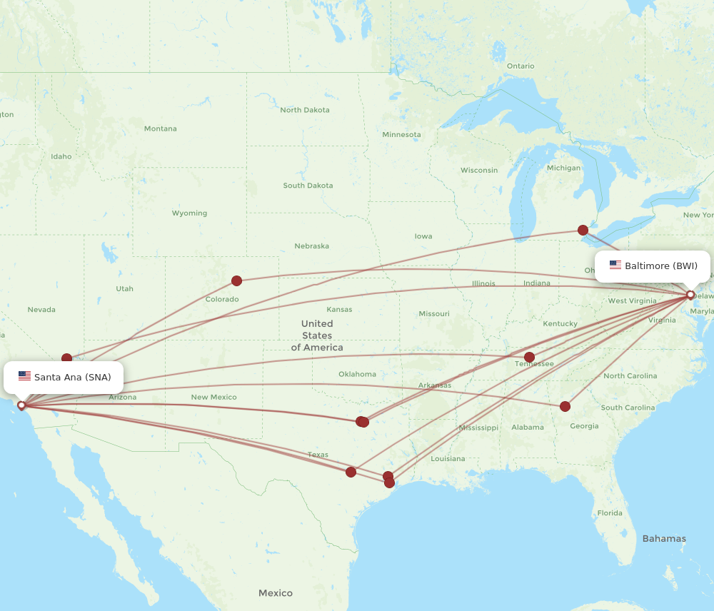 SNA to BWI flights and routes map