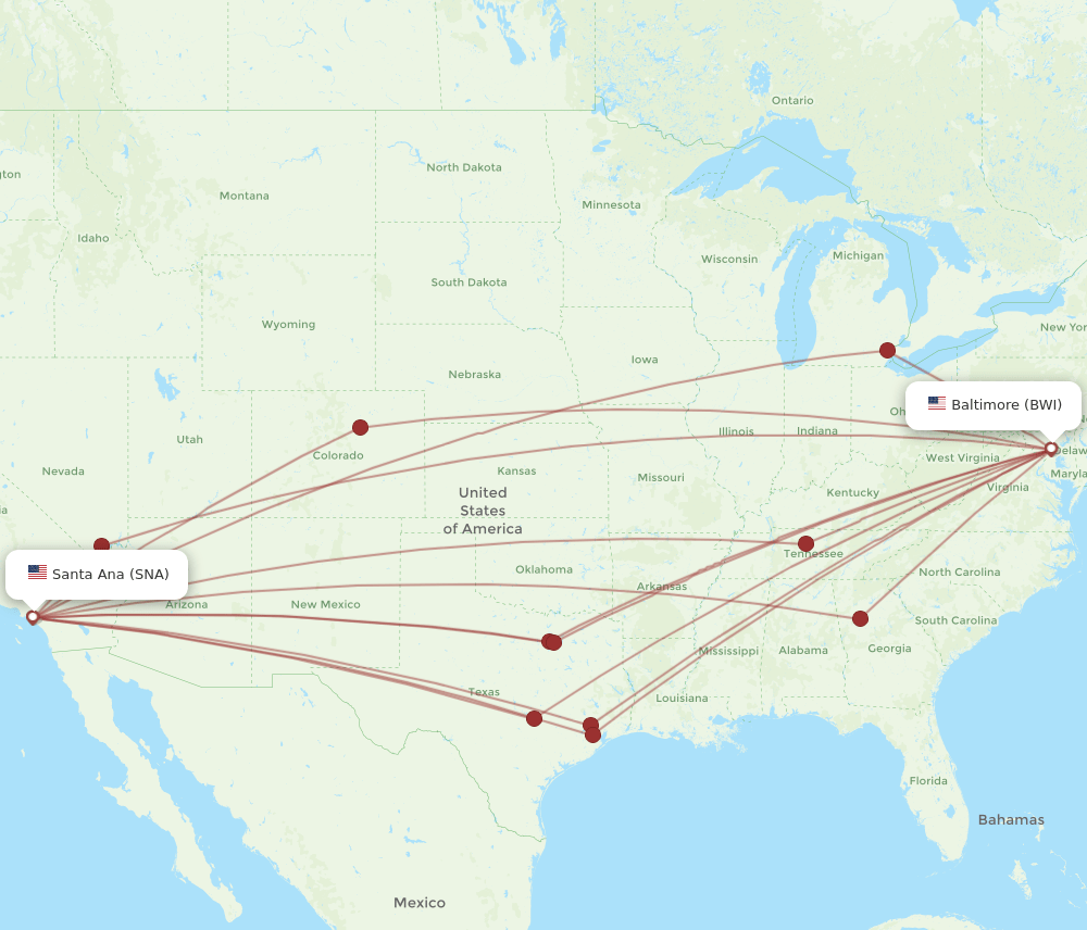 SNA-BWI flight routes