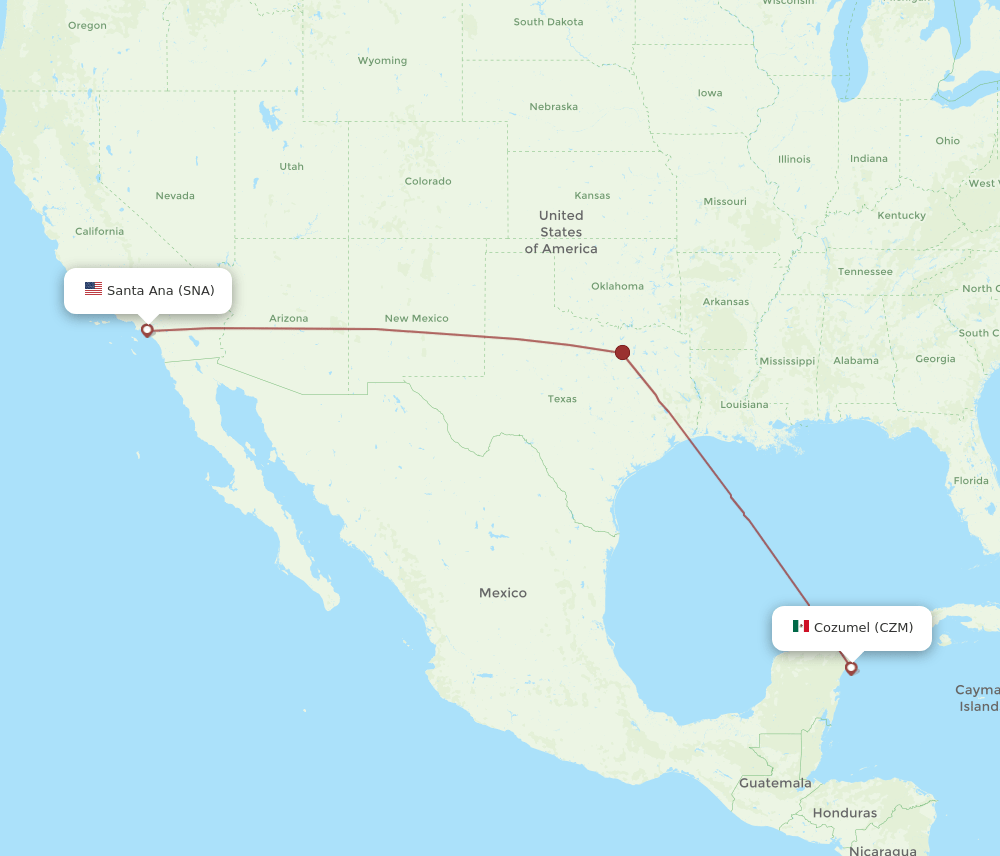 Santa Ana - Cozumel route map and flight paths