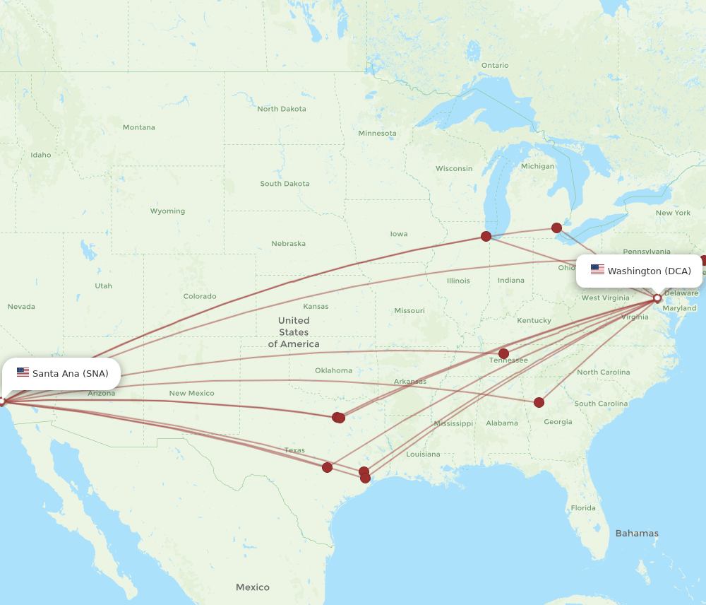 SNA-DCA flight routes