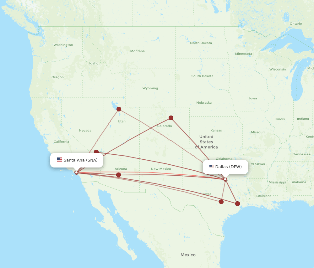 SNA-DFW flight routes