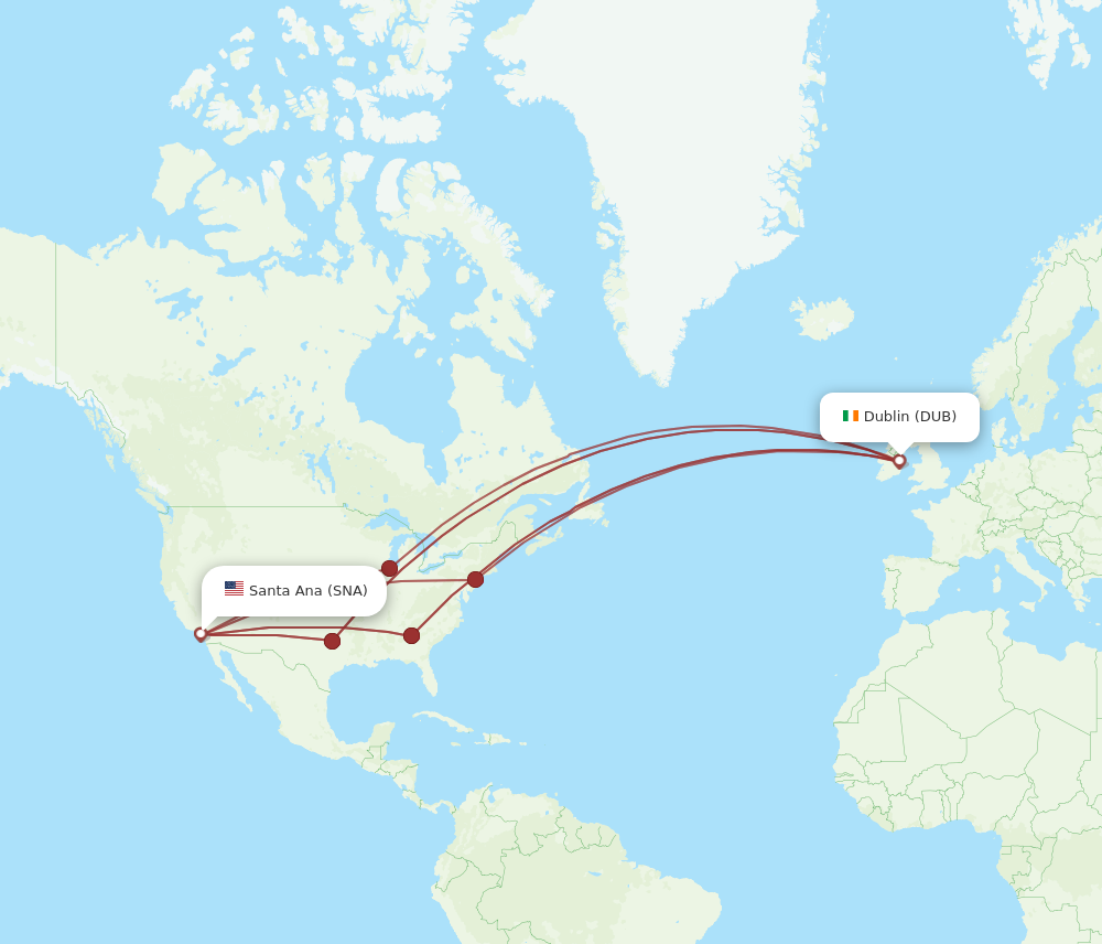 SNA to DUB flights and routes map