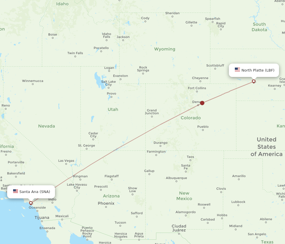 SNA to LBF flights and routes map
