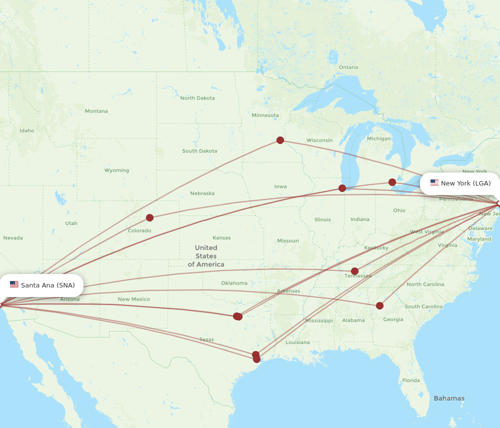 SNA to LGA flights and routes map