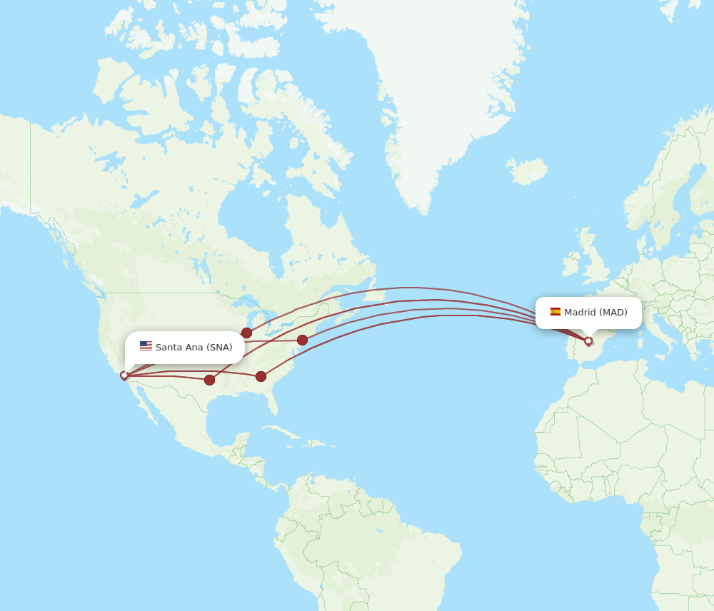 SNA to MAD flights and routes map