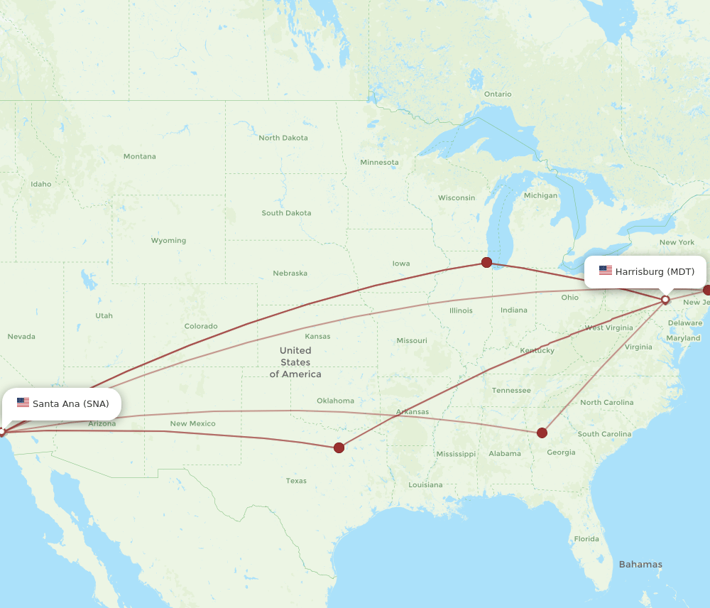 SNA to MDT flights and routes map