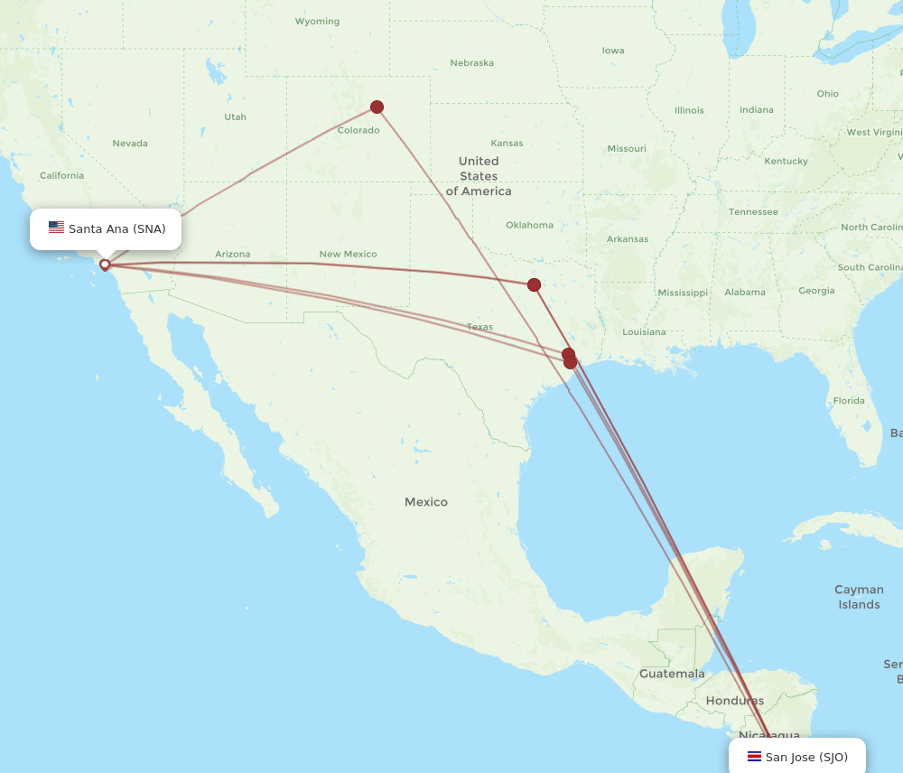 SNA to SJO flights and routes map