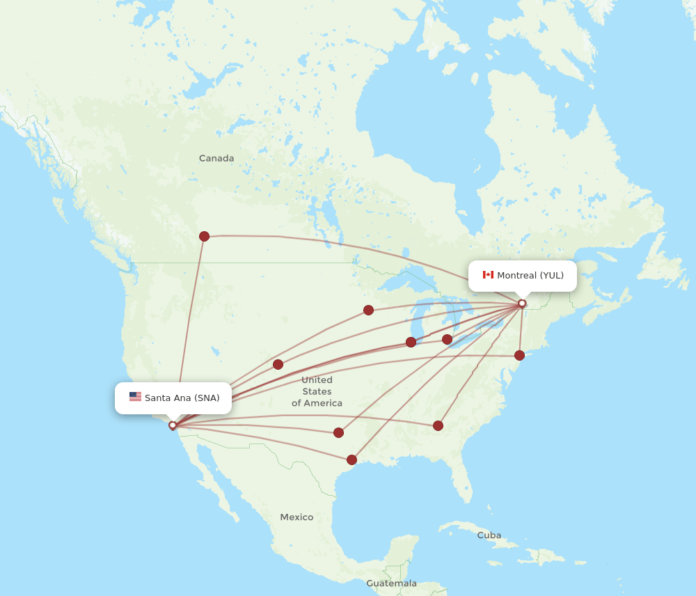 SNA to YUL flights and routes map