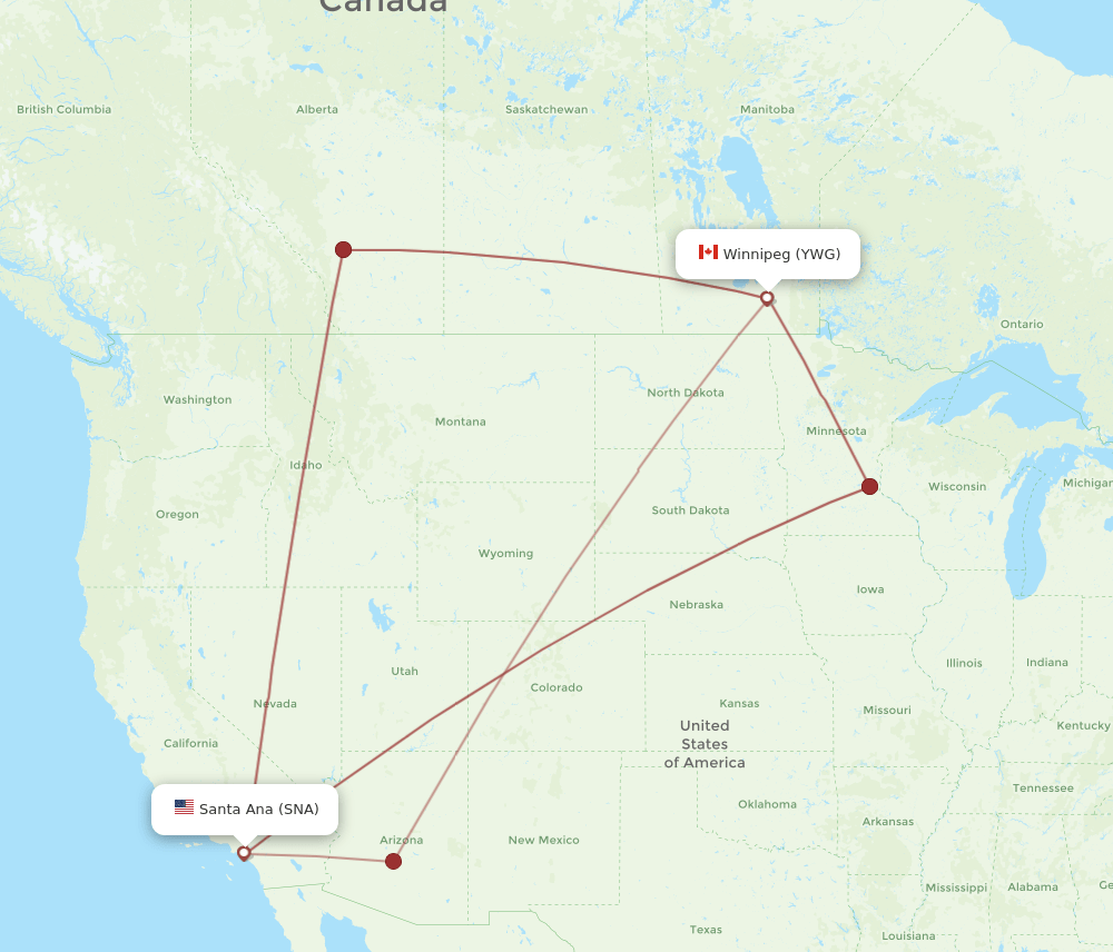 Winnipeg - Santa Ana route map and flight paths