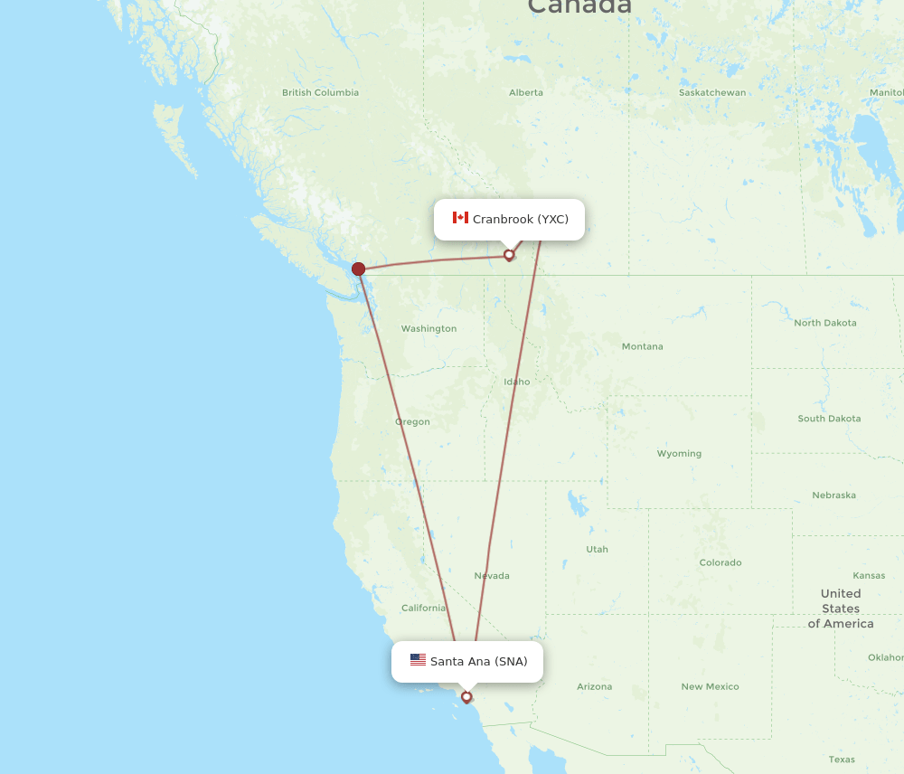 Cranbrook - Santa Ana route map and flight paths