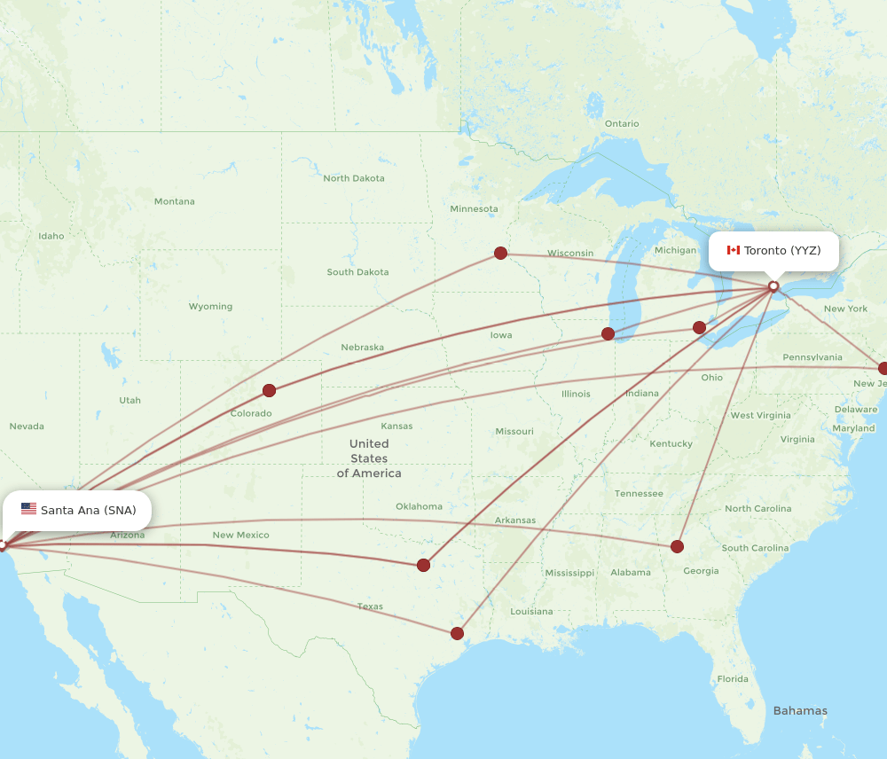 SNA to YYZ flights and routes map