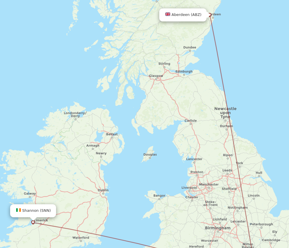 SNN to ABZ flights and routes map