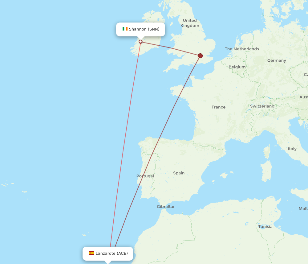 SNN to ACE flights and routes map
