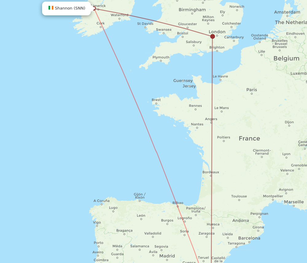SNN to ALC flights and routes map
