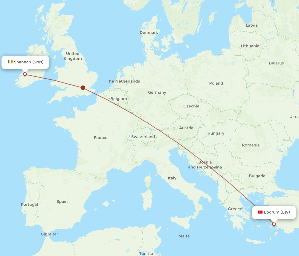 BJV to SNN flights and routes map