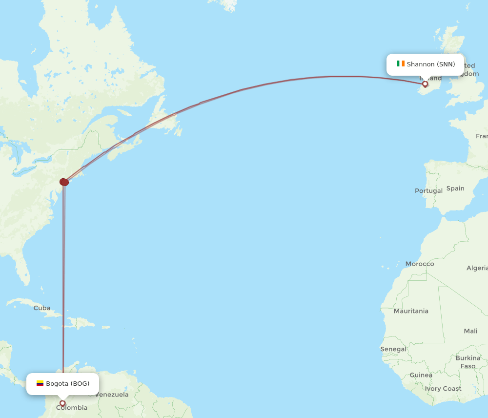 SNN-BOG flight routes