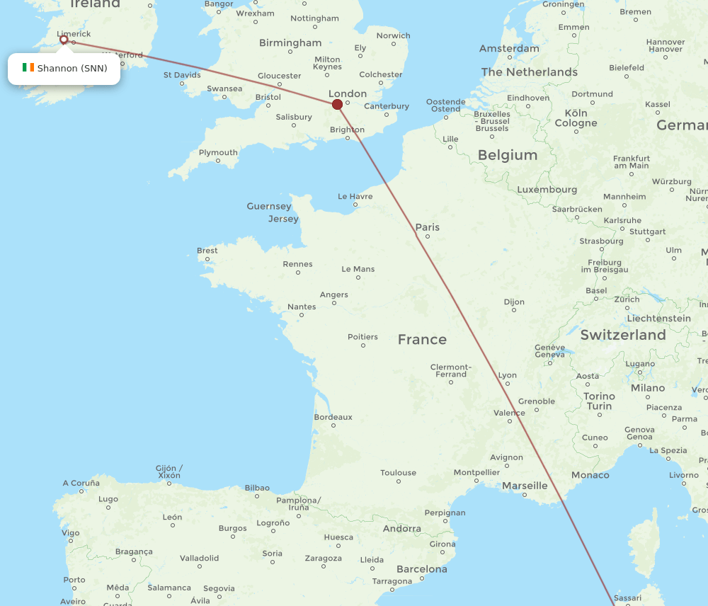 Cagliari - Shannon route map and flight paths