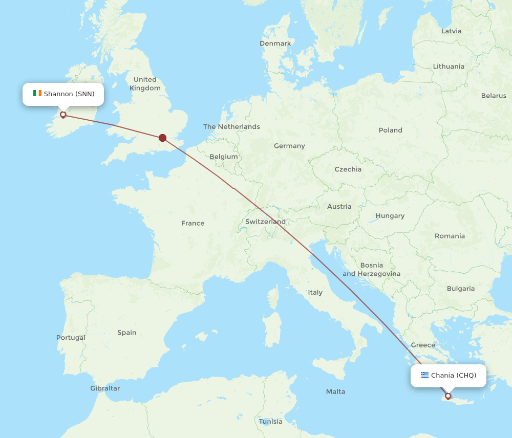 Chania - Shannon route map and flight paths
