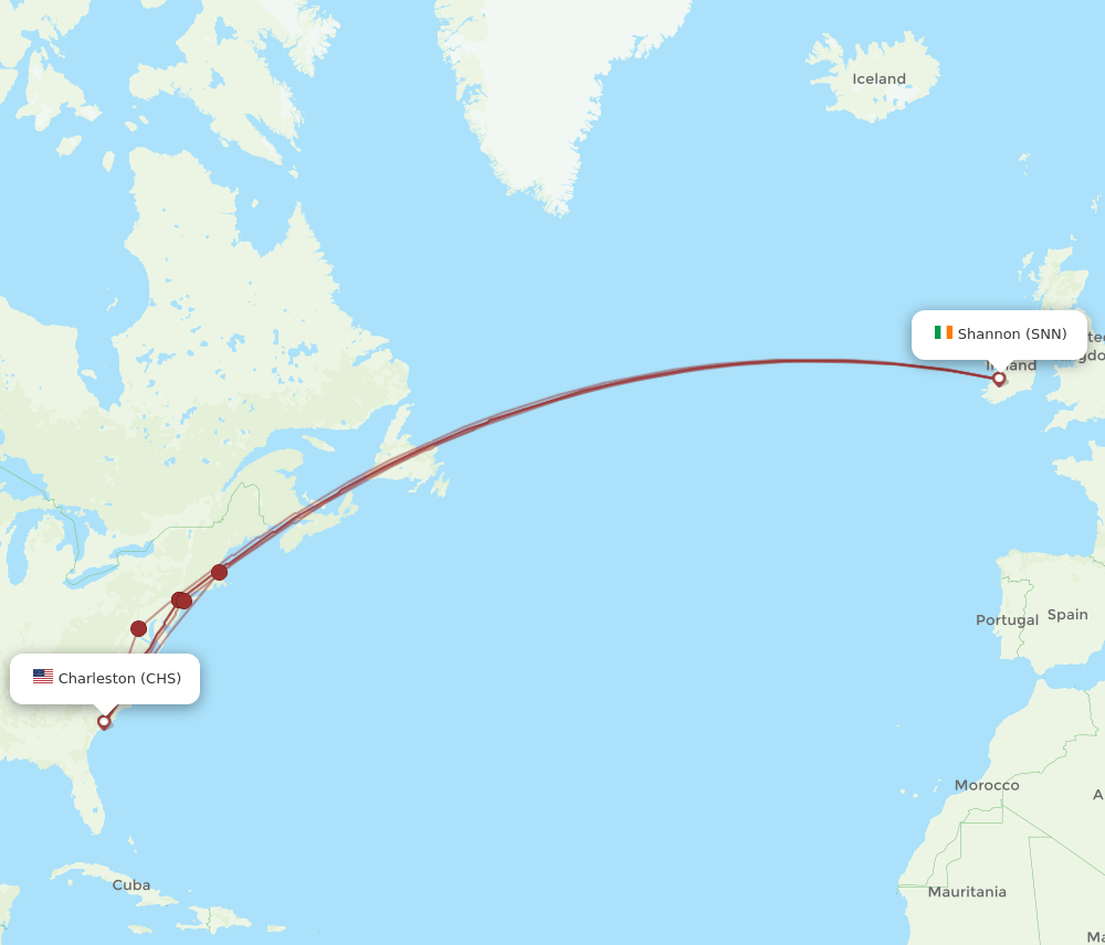 SNN to CHS flights and routes map