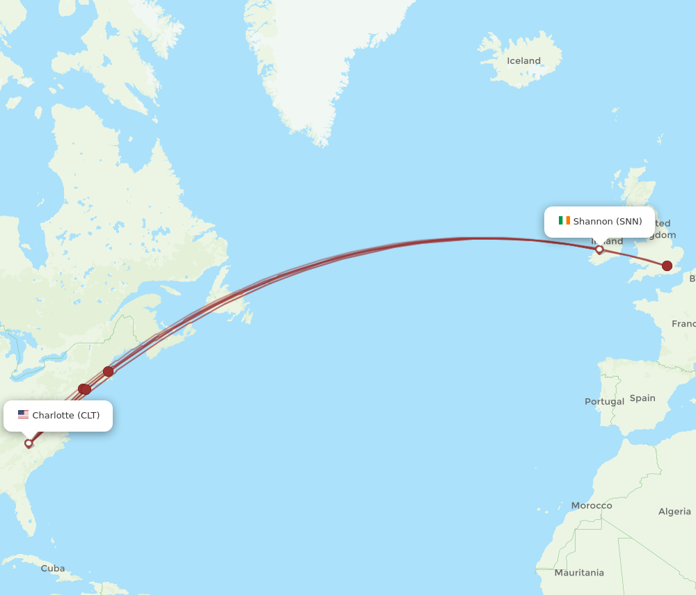 SNN to CLT flights and routes map