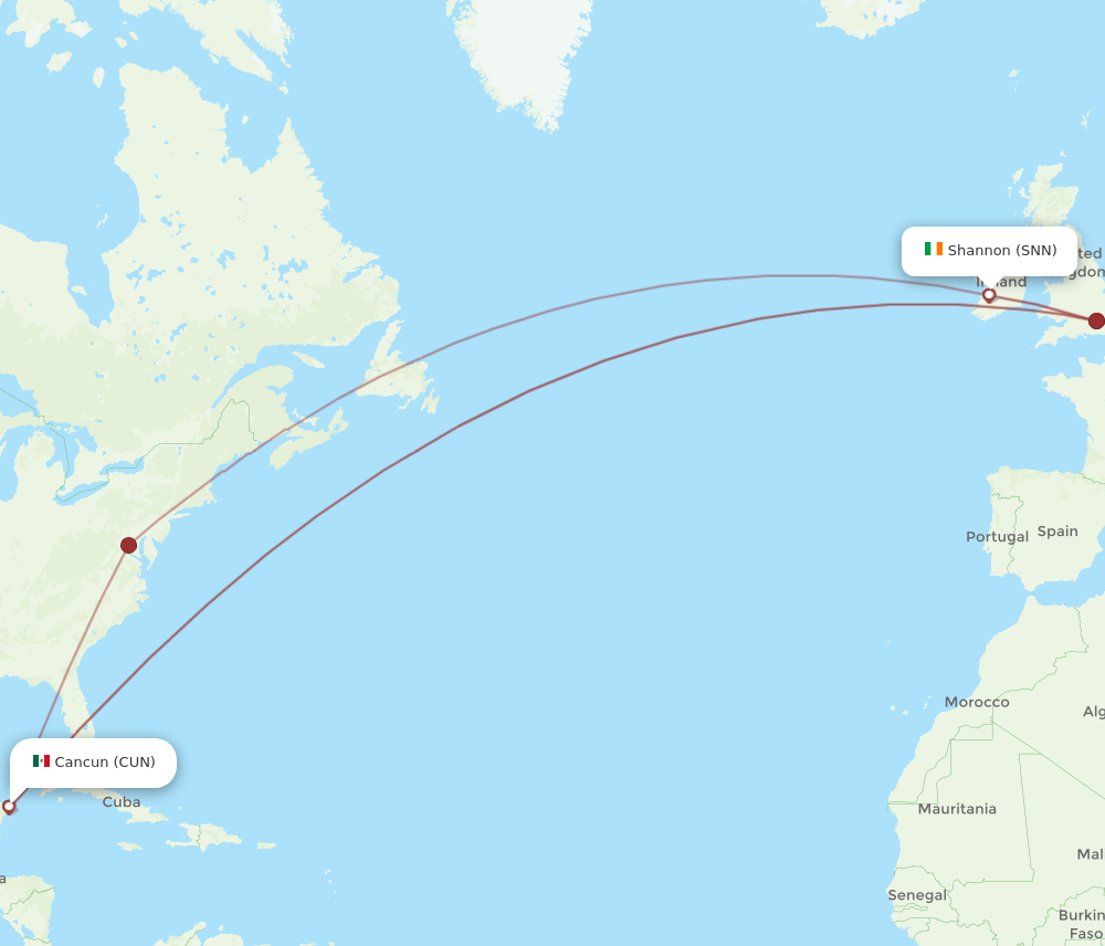 SNN to CUN flights and routes map