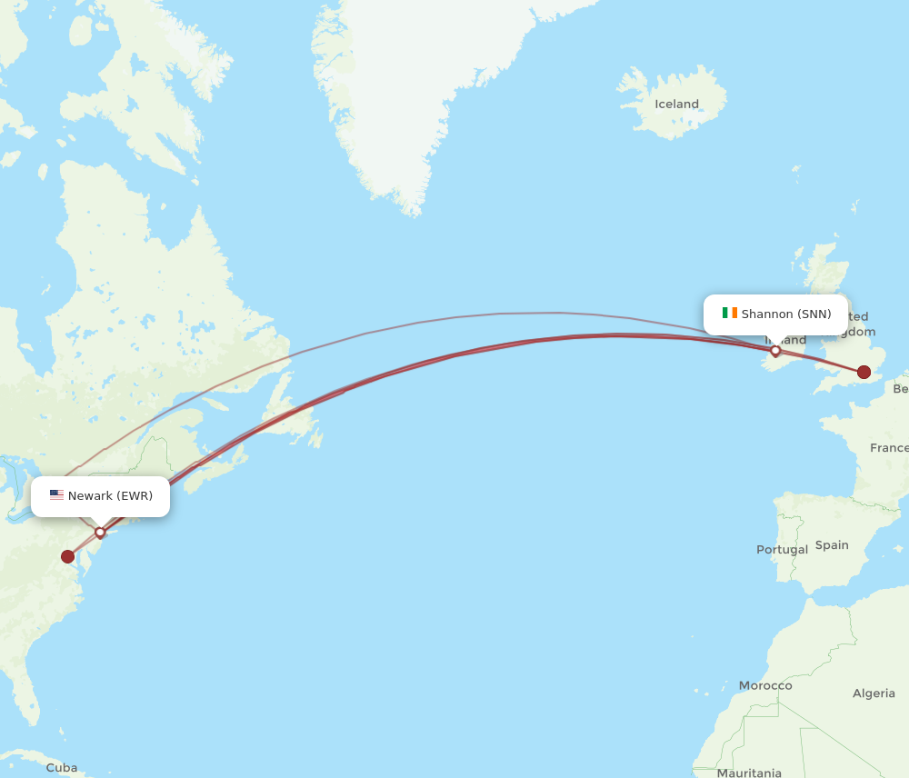 SNN to EWR flights and routes map