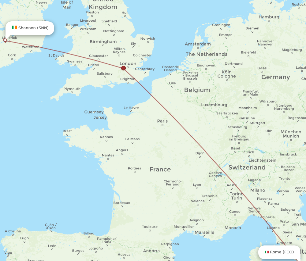 SNN to FCO flights and routes map