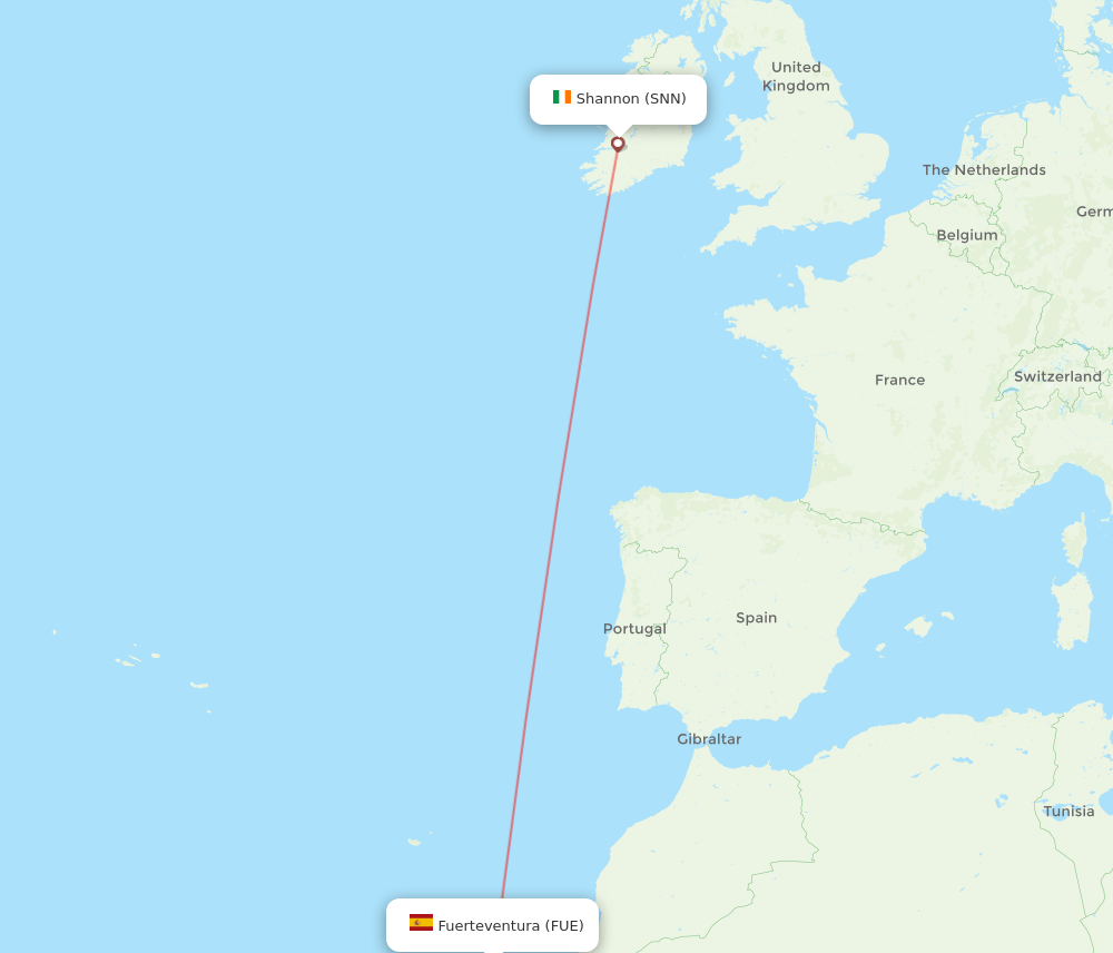 SNN to FUE flights and routes map