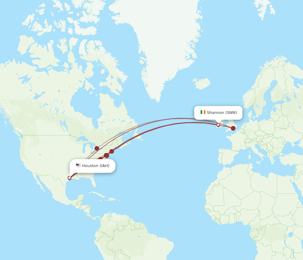 SNN to IAH flights and routes map