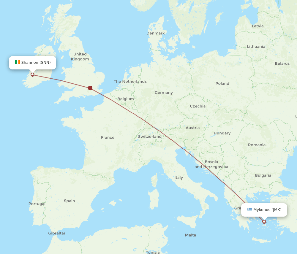 JMK to SNN flights and routes map