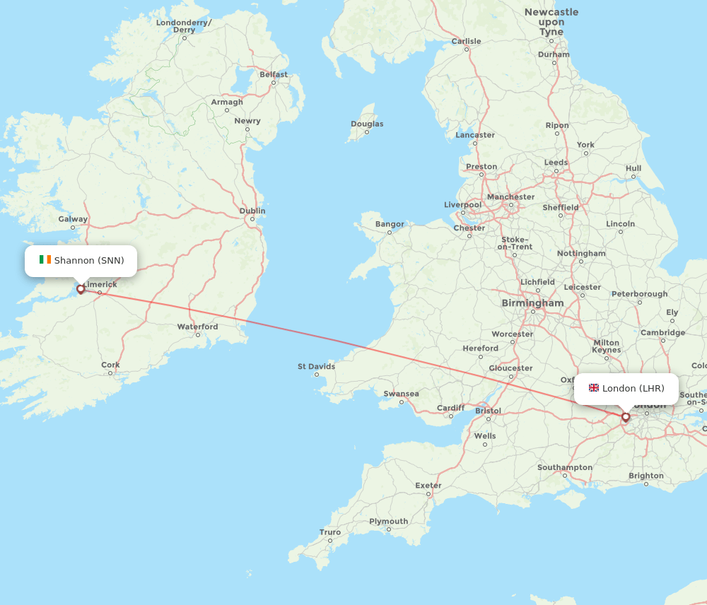 Shannon - London route map and flight paths