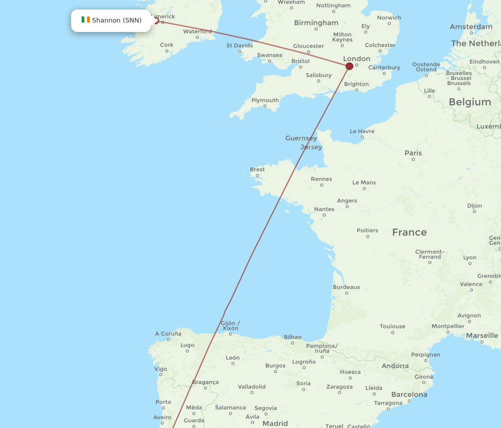 SNN to LIS flights and routes map