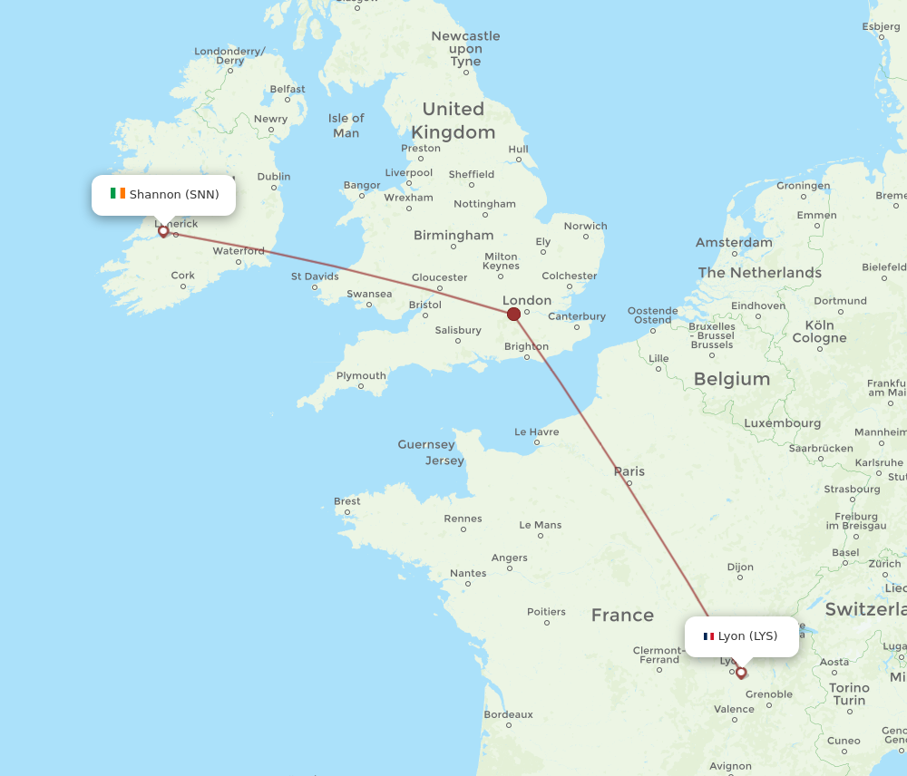 SNN to LYS flights and routes map