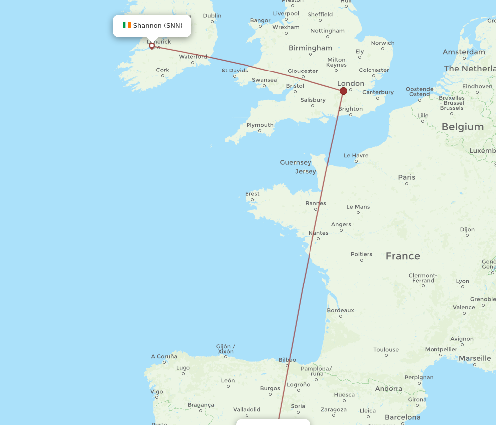SNN to MAD flights and routes map
