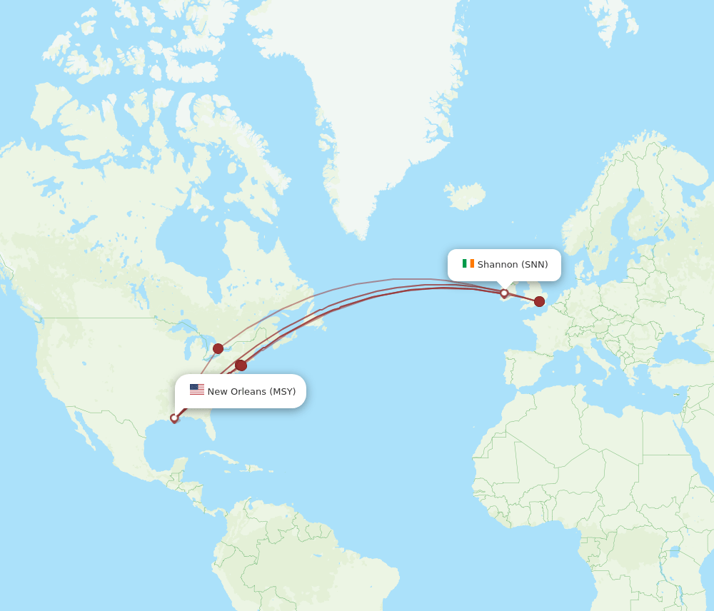 SNN to MSY flights and routes map