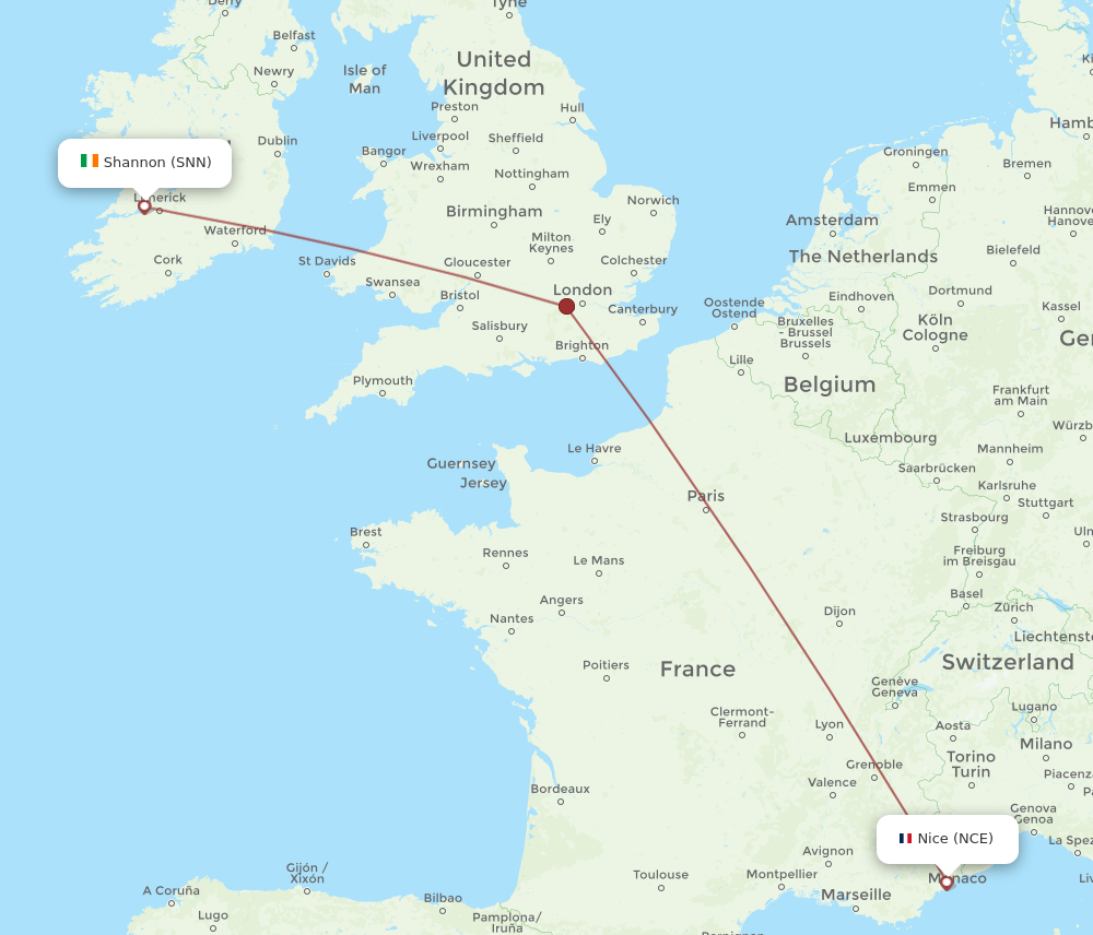 SNN to NCE flights and routes map