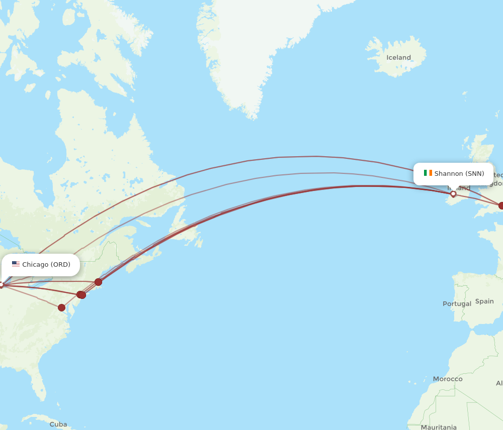 SNN to ORD flights and routes map