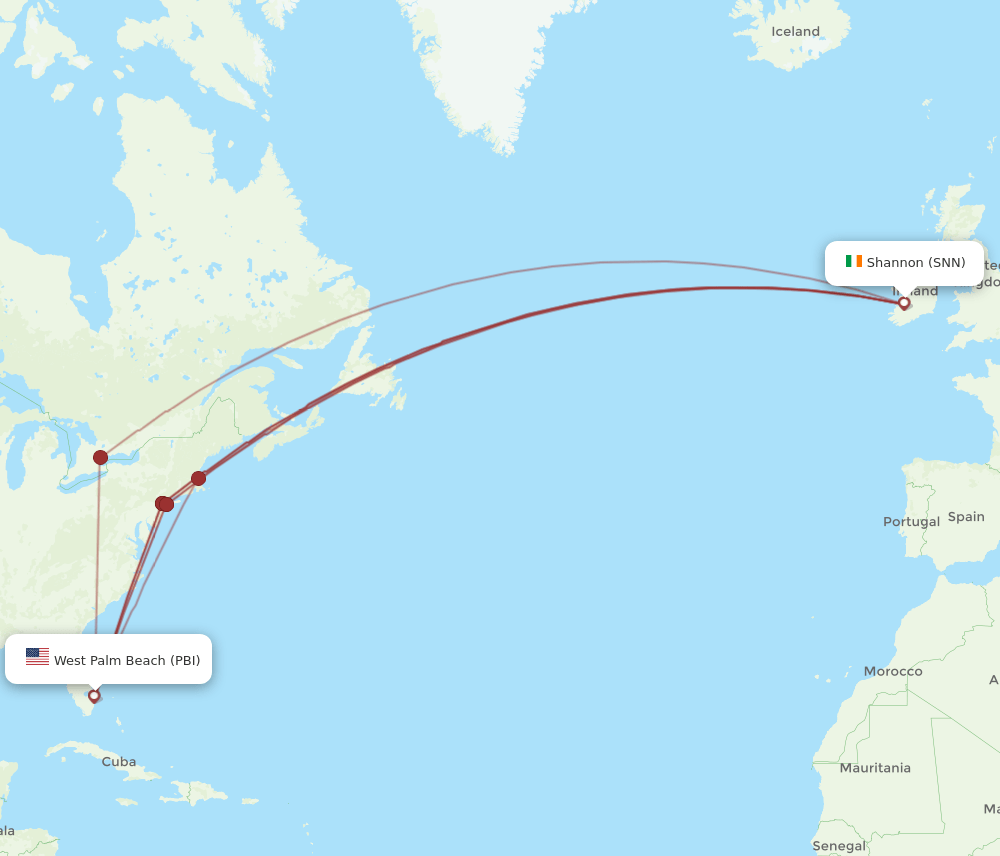 SNN to PBI flights and routes map