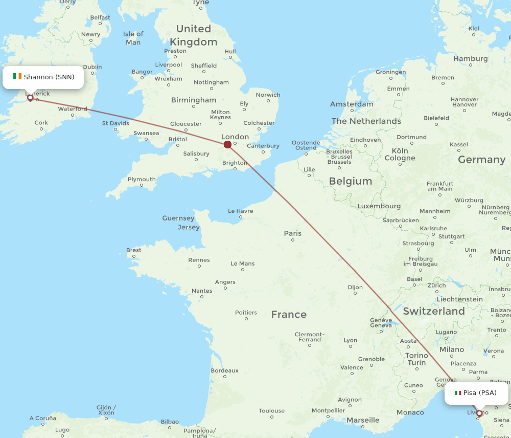 SNN to PSA flights and routes map